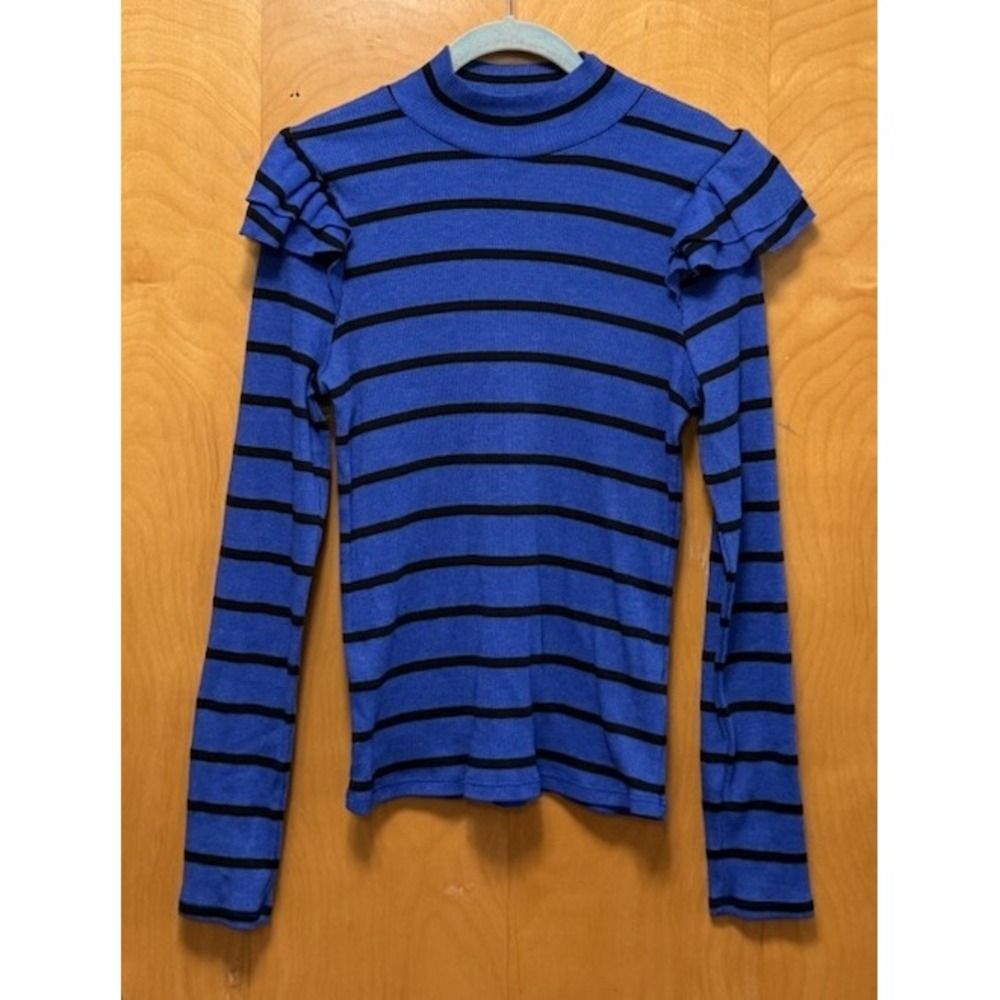 ANTHROPOLOGIE TLA Womens Ribbed Mock Neck Ruffle‎ Sleeve Stretchy Striped Blue L